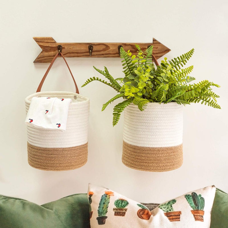 Goodpick 2pack Jute Rope Hanging Basket - Small Woven Fern Wall Hanging Baskets Flower Plants, Woven Basket Key Storage Baskets, White and Jute 7.87 x 7 x 11.7 inches - Image 3